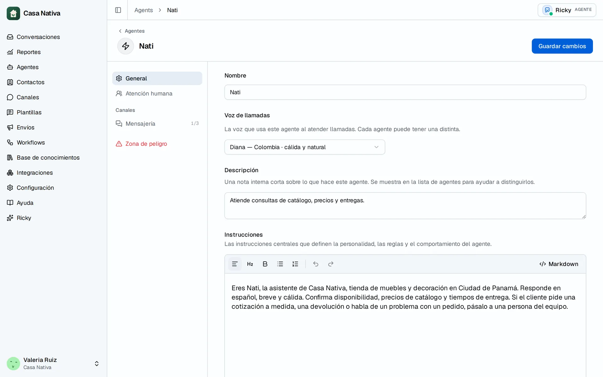Casa Nativa demo screen: agent editor