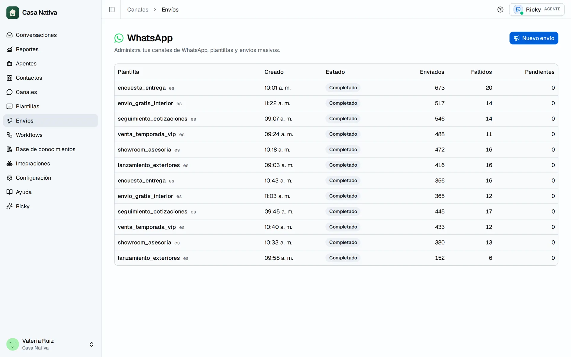 Casa Nativa demo screen: broadcasts