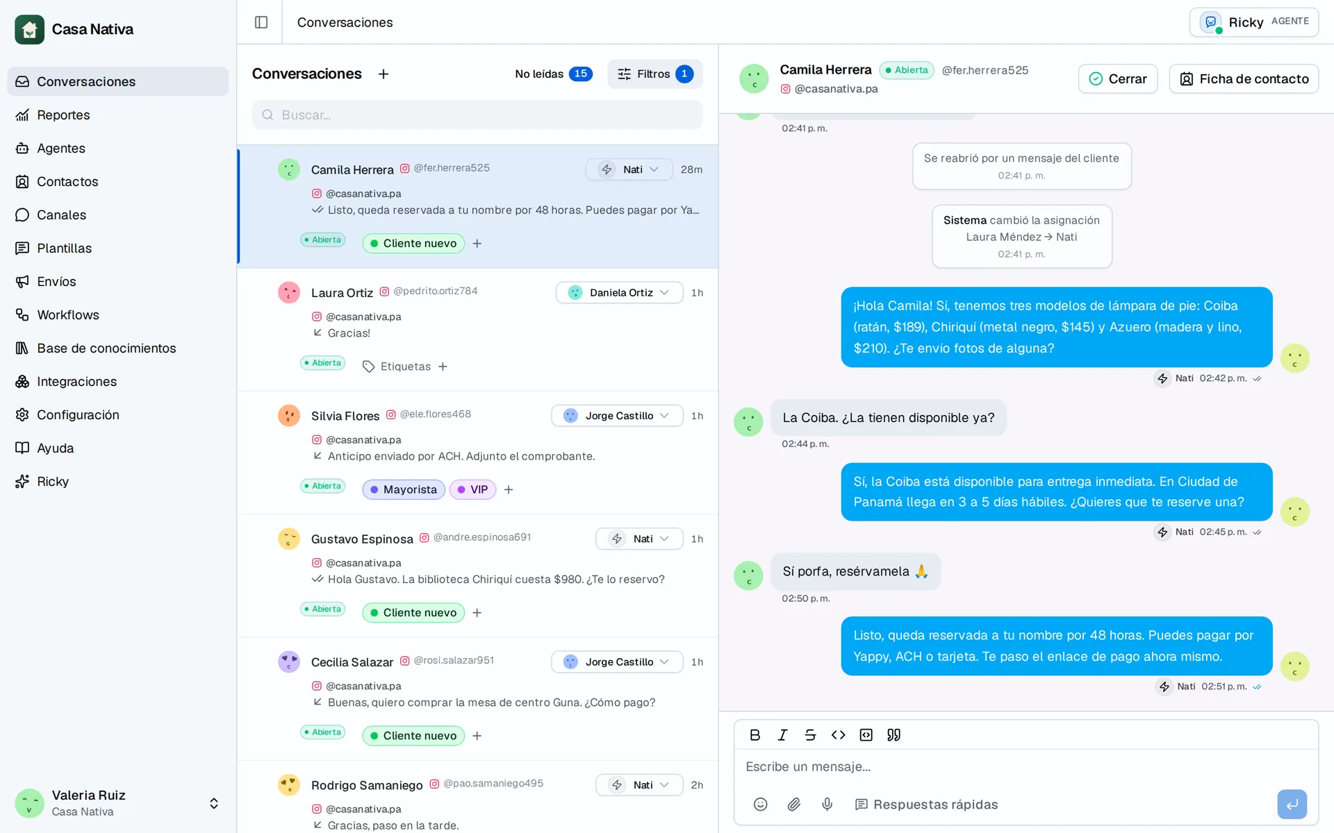 Casa Nativa demo screen: inbox instagram