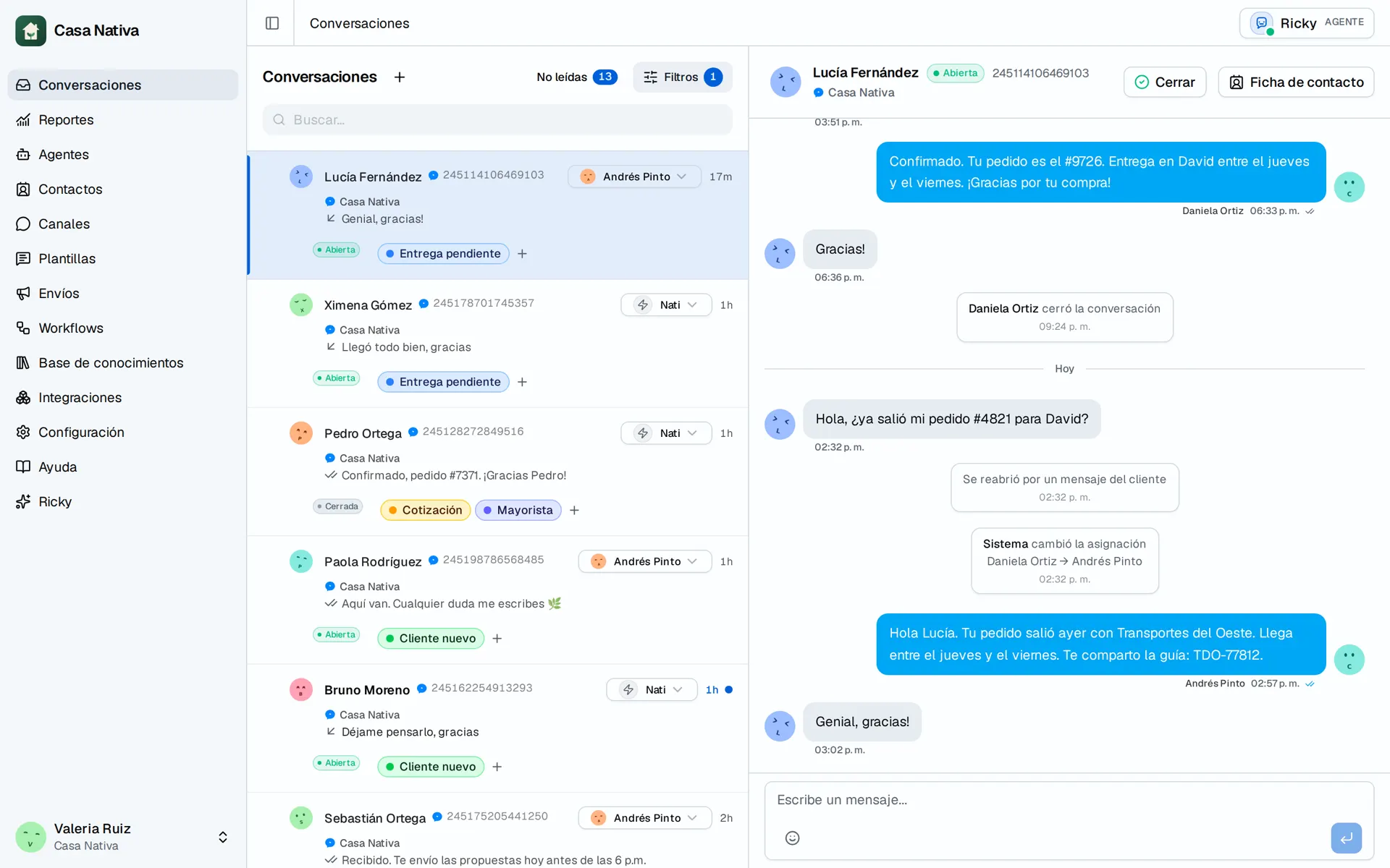 Casa Nativa demo screen: inbox messenger
