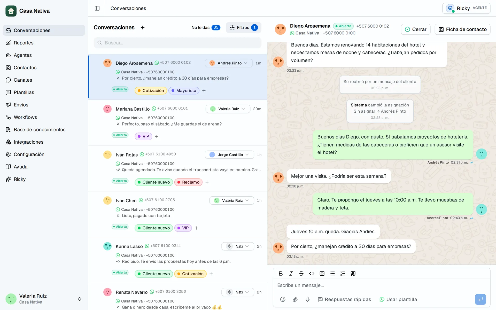 Pantalla de demostración de Casa Nativa: inbox whatsapp