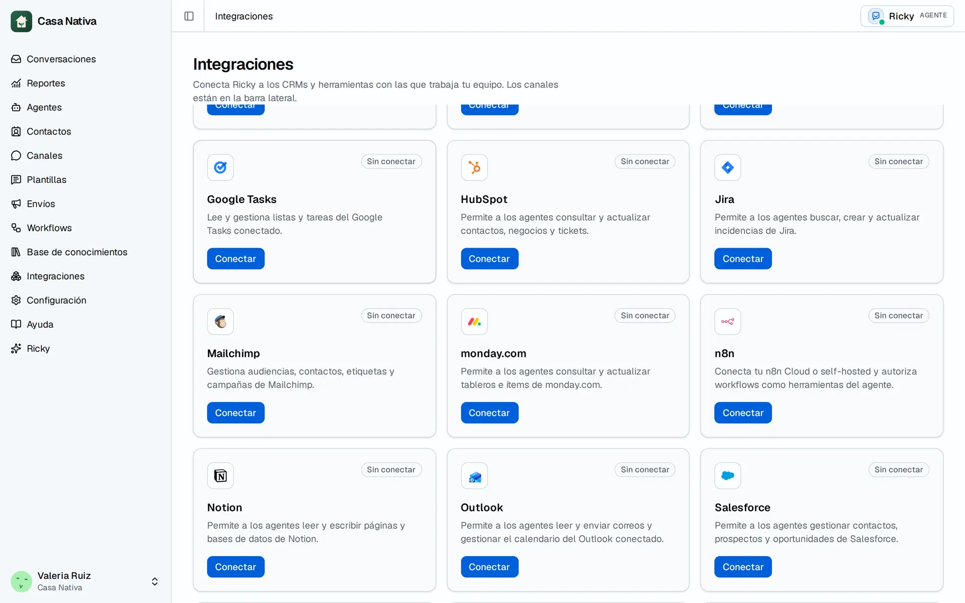 Pantalla de demostración de Casa Nativa: integrations more