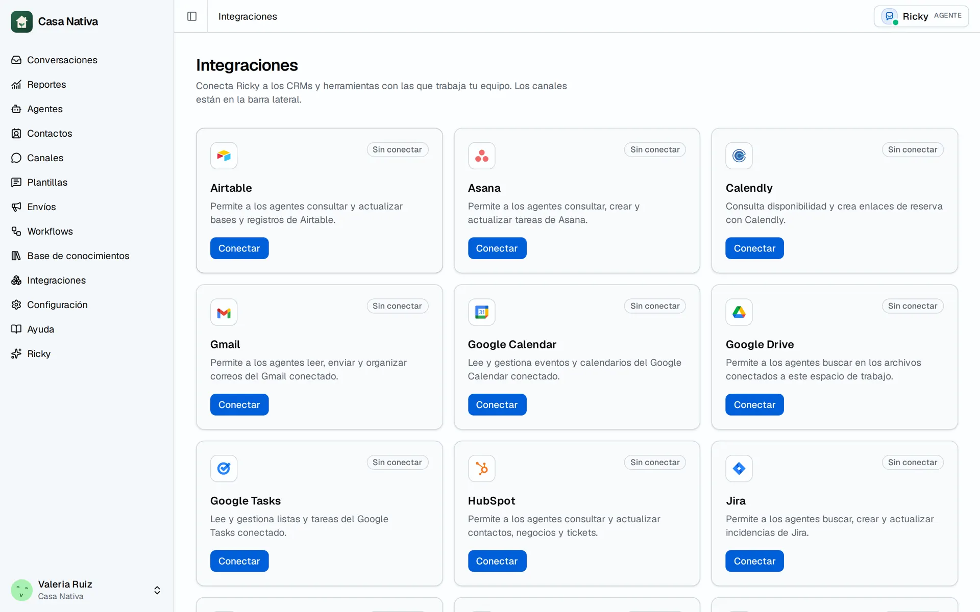Casa Nativa demo screen: integrations