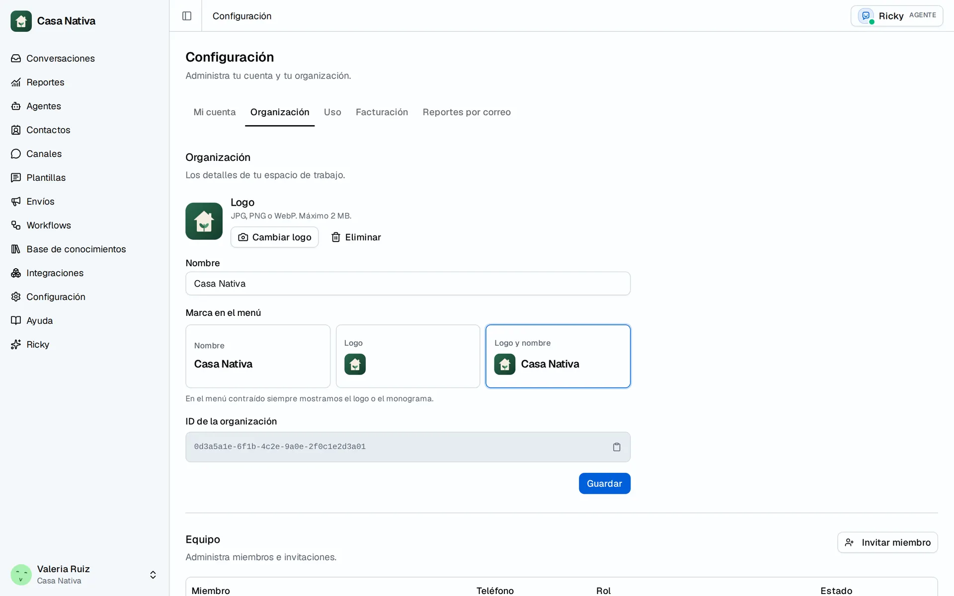 Pantalla de demostración de Casa Nativa: settings organization