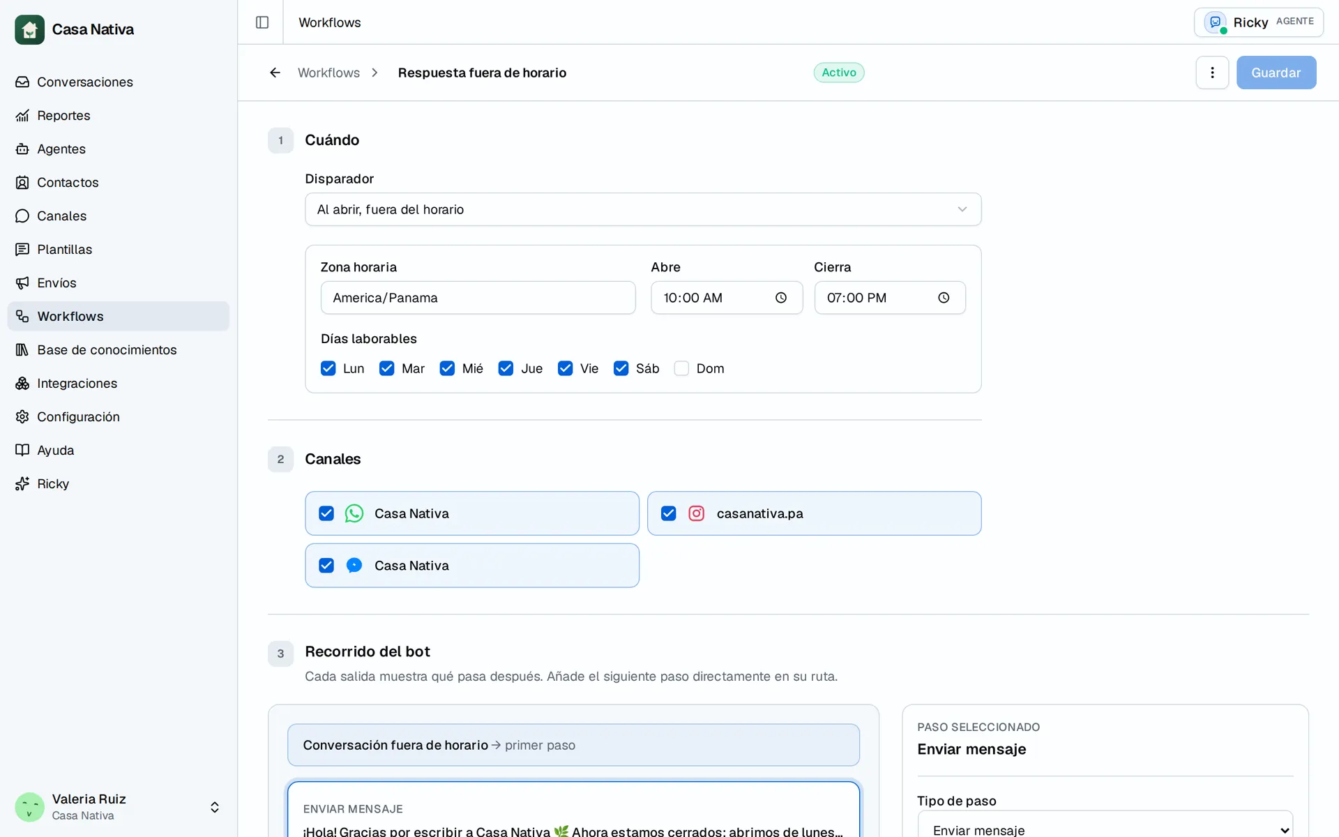 Casa Nativa demo screen: workflow editor