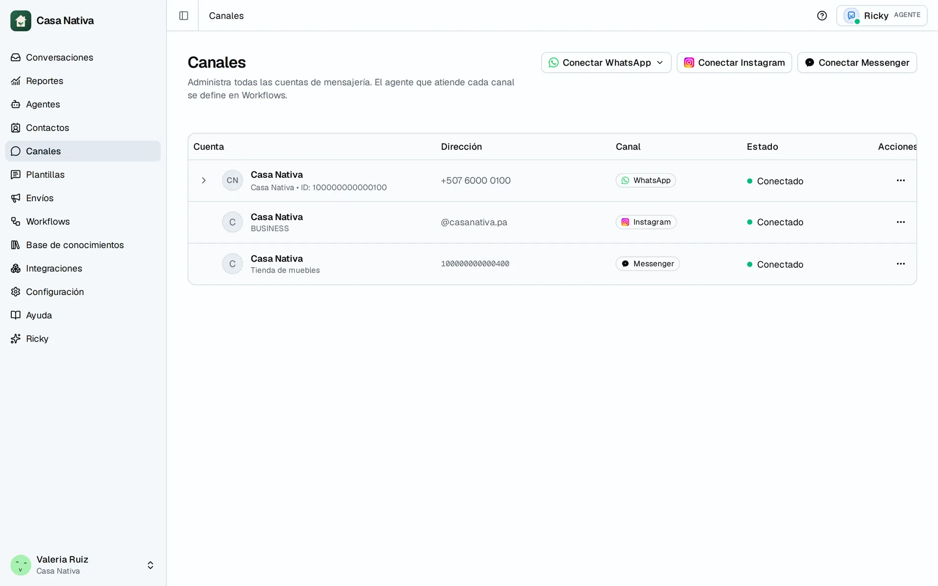 Casa Nativa demo screen: channels