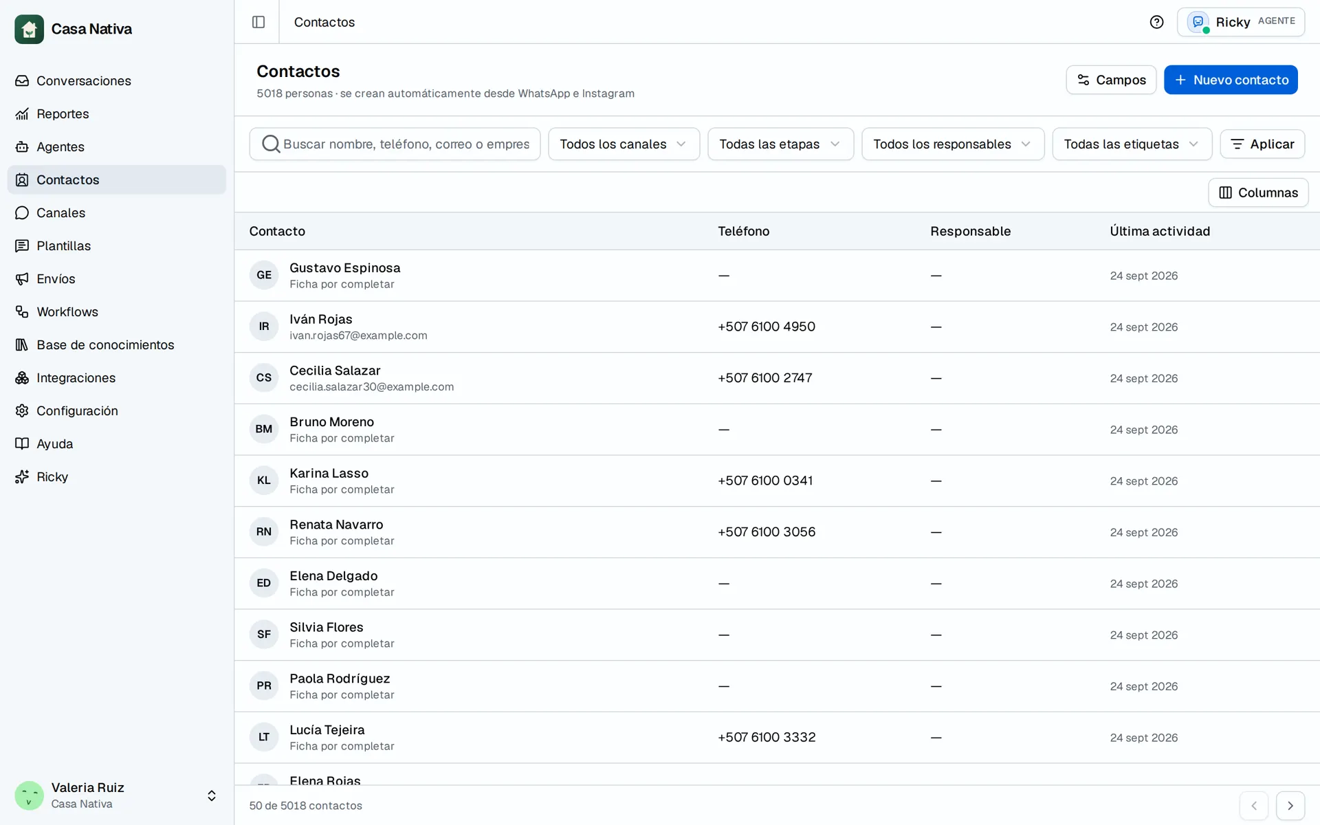 Casa Nativa demo screen: contacts