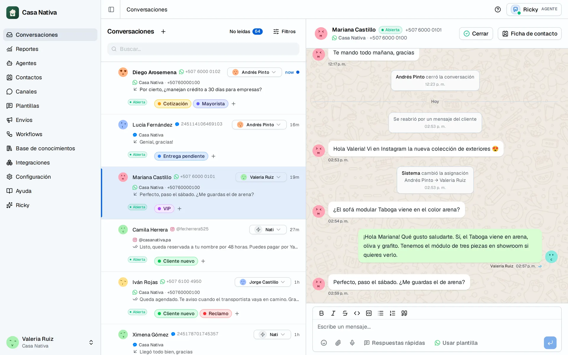 Casa Nativa demo screen: inbox