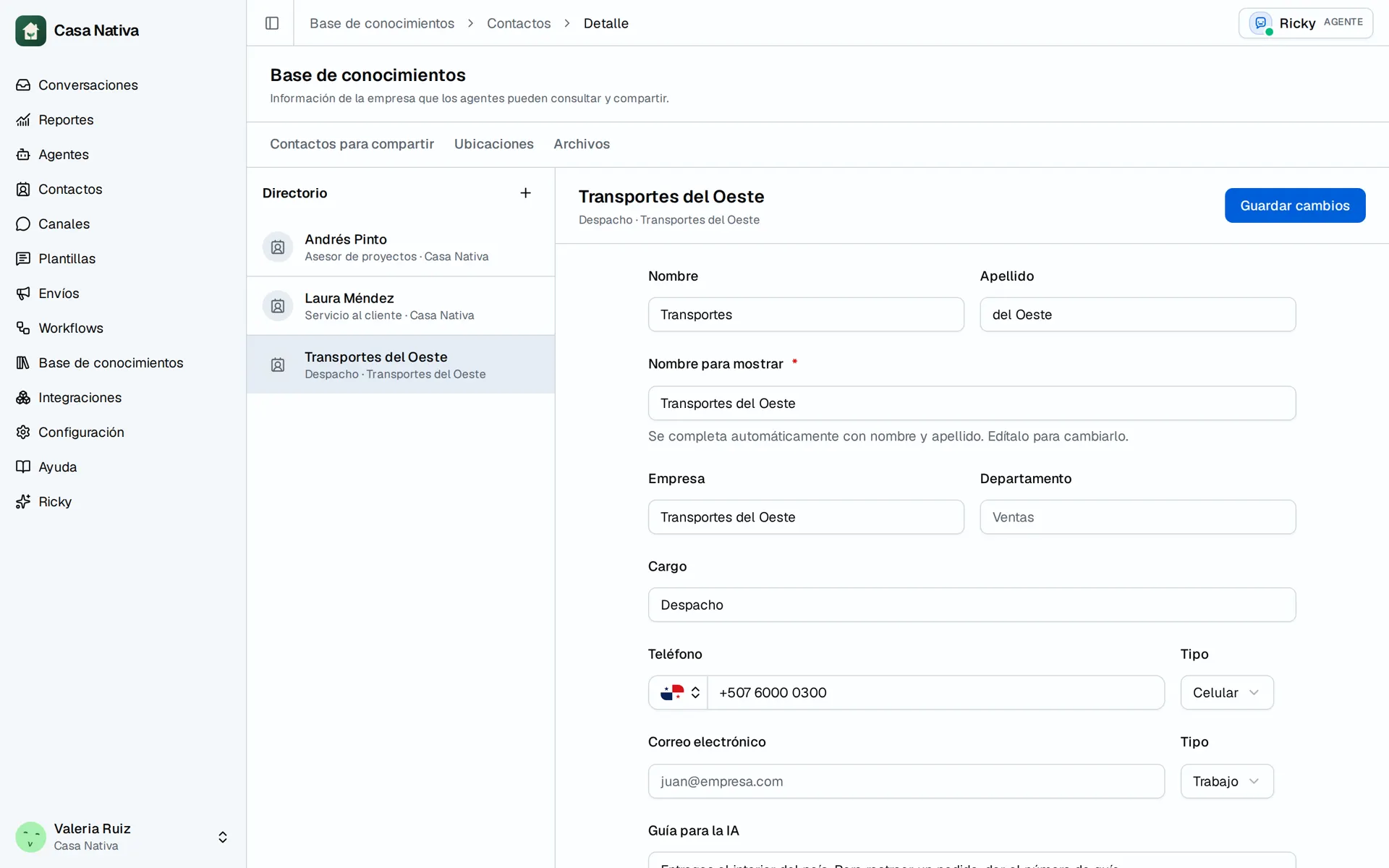 Pantalla de demostración de Casa Nativa: knowledge directory
