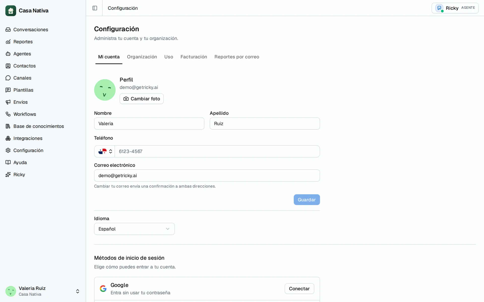 Pantalla de demostración de Casa Nativa: settings account