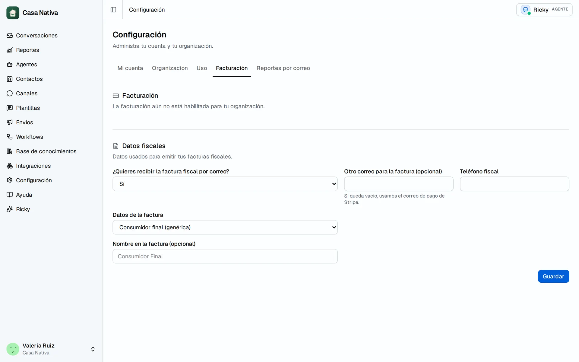 Casa Nativa demo screen: settings billing