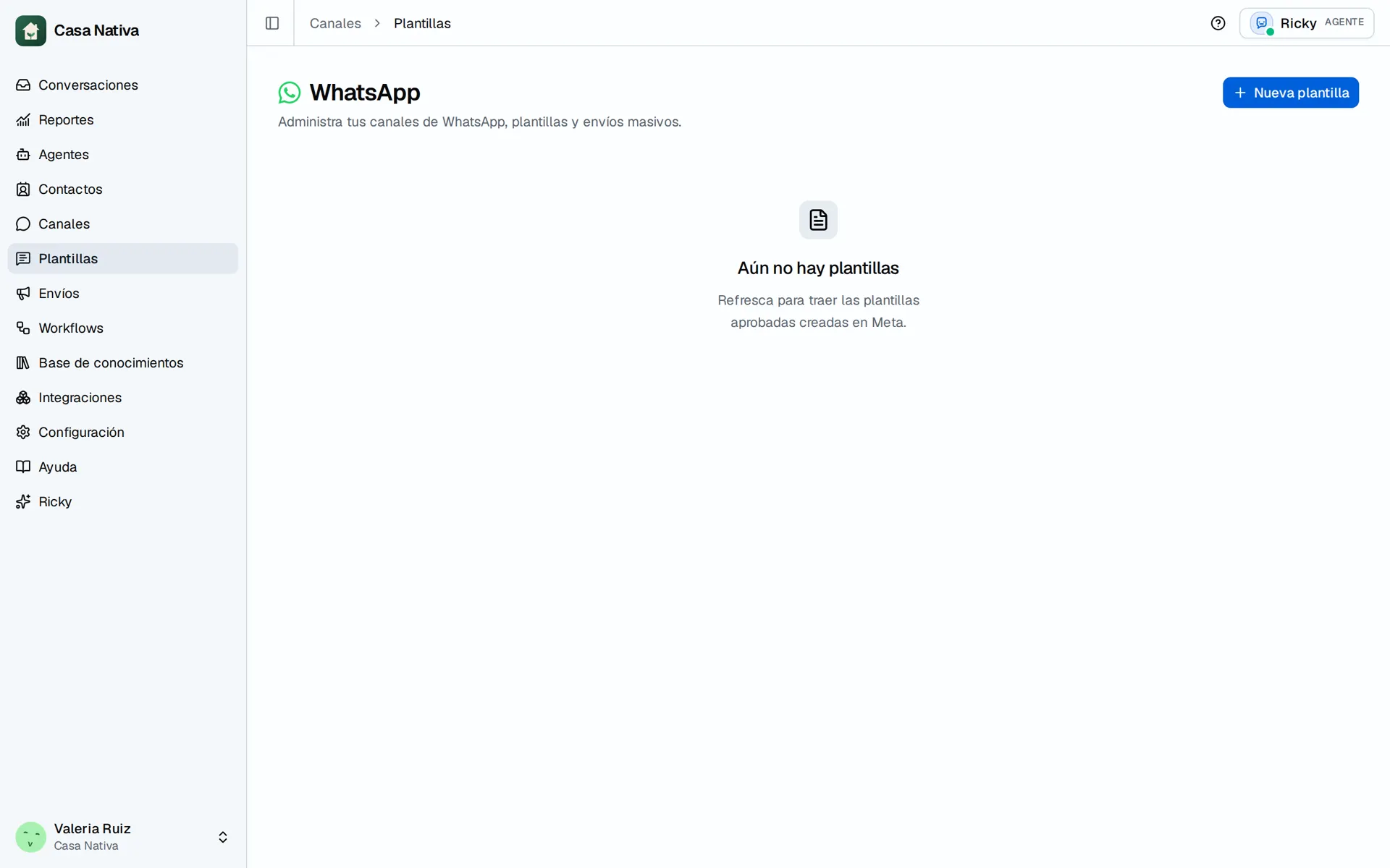 Casa Nativa demo screen: whatsapp templates
