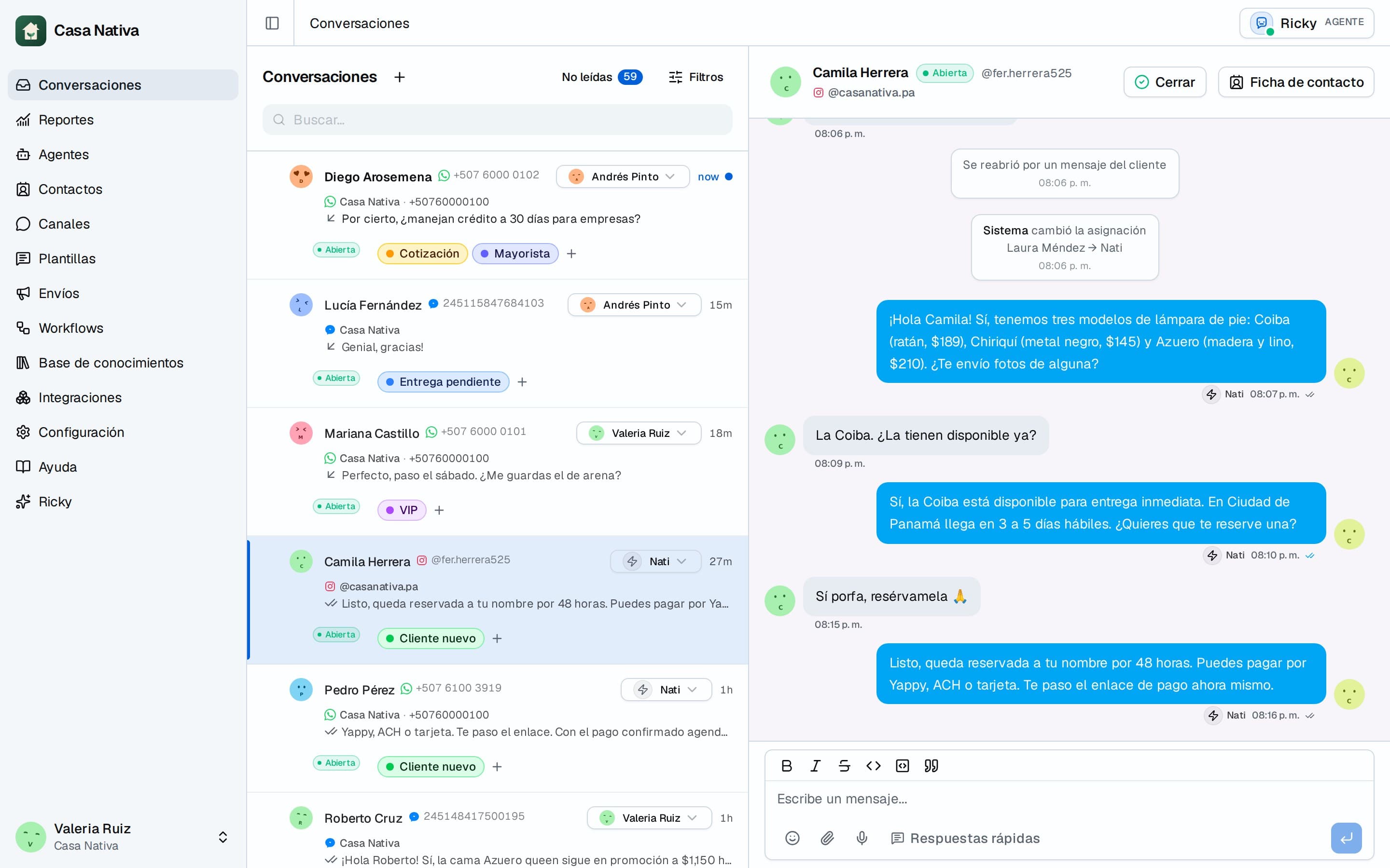 Conversación de Instagram donde la agente de IA Nati responde precios y disponibilidad, reserva un producto y la conversación queda lista para una persona