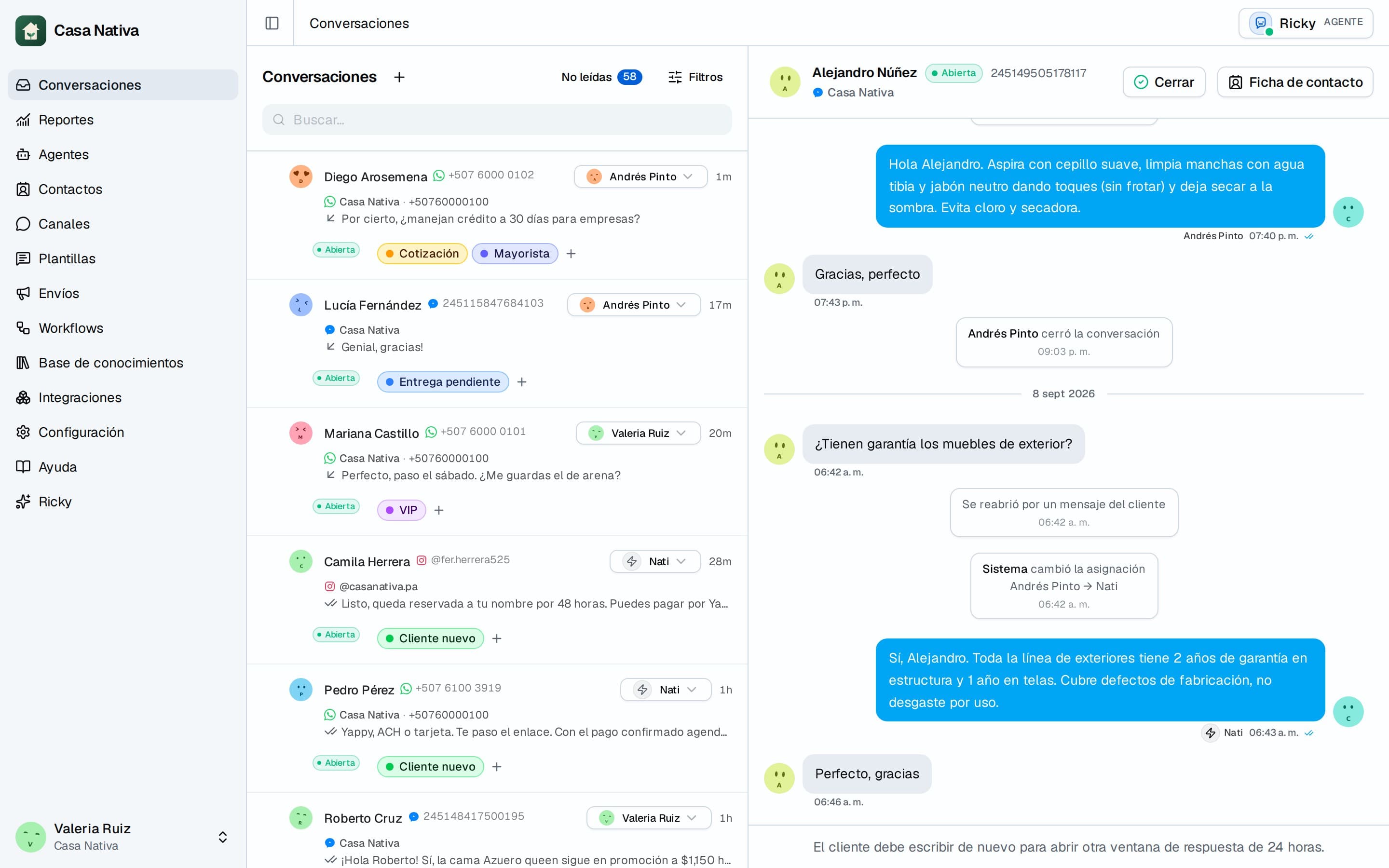 Conversación de Messenger donde la agente de IA Nati responde una pregunta sobre garantía