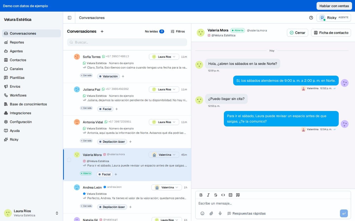Bandeja de la demo de Velura Estética con conversaciones de ejemplo