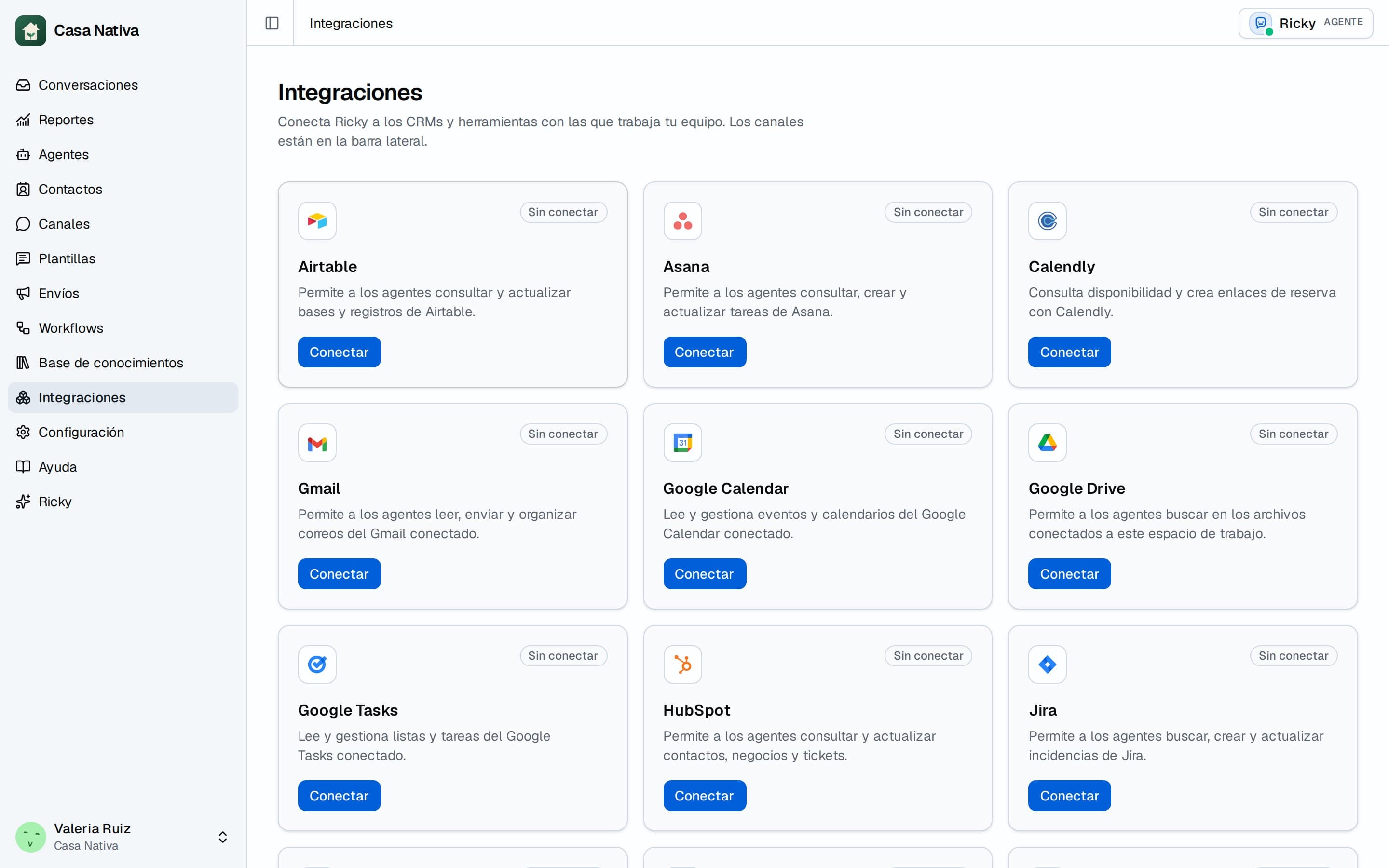 Catálogo de integraciones de Ricky: Airtable, Asana, Calendly, Gmail, Google Calendar, Google Drive, Google Tasks, HubSpot y Jira